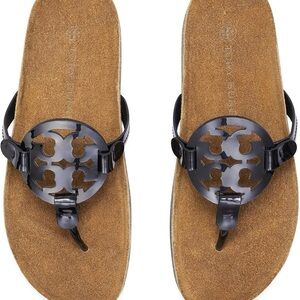 Tory Burch Miller Cloud Patent Black Sandals with Medallion Detail